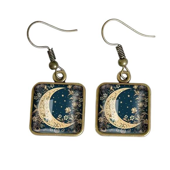 Glass Floral Moon Earrings – Retro Boho Jewelry with Zinc Alloy Hooks - Picture 1 of 14